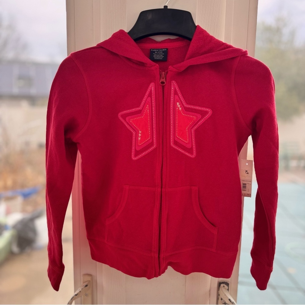 Faded Glory Girls M 7/8 Red Cotton Blend Zip Hoodie Star Applique Sweatshirt